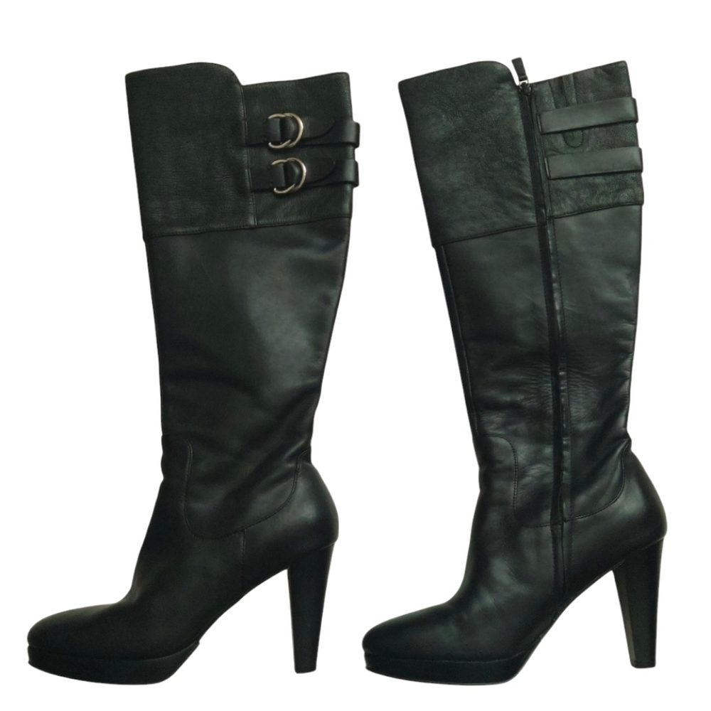 COLE HAAN Nike Air Courtney Tall Boots Black Leather Knee-high Heeled Size 8.5B